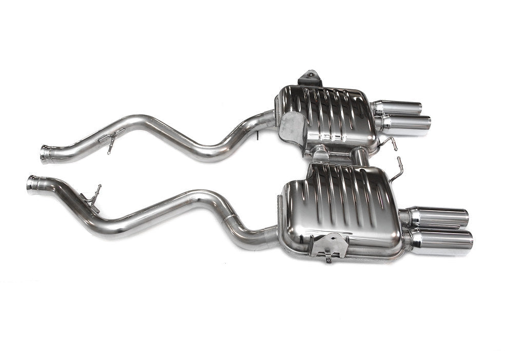 Eisenmann E90 M3 Performance Exhaust shown on a white background, featuring a valved stainless steel exhaust system engineered for the BMW E90 M3 with enhanced exhaust tone and OEM-quality fitment.