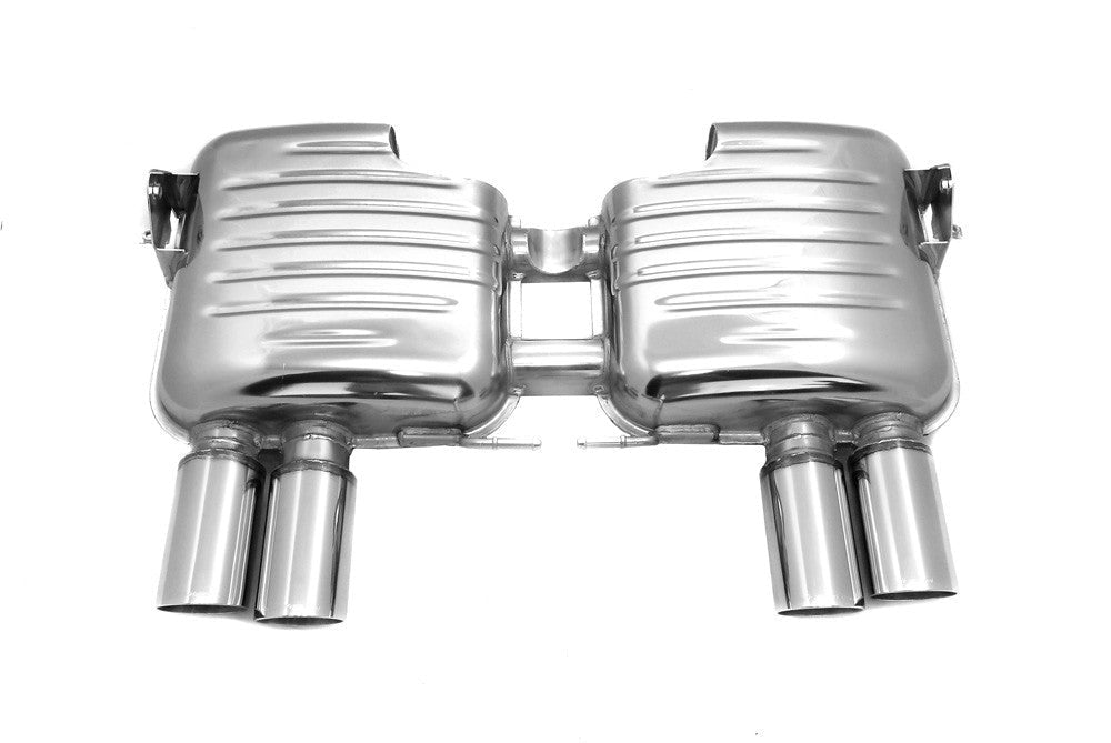 Eisenmann E90 M3 Performance Exhaust shown on a white background, featuring a valved stainless steel exhaust system engineered for the BMW E90 M3 with enhanced exhaust tone and OEM-quality fitment.