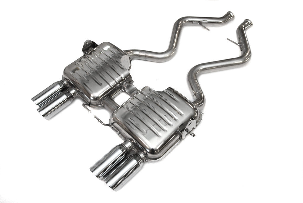 Eisenmann E90 M3 Performance Exhaust shown on a white background, featuring a valved stainless steel exhaust system engineered for the BMW E90 M3 with enhanced exhaust tone and OEM-quality fitment.