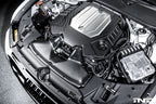 Eventuri black matte carbon engine cover installed on Audi C8 RS6 and RS7 exterior, showcasing sleek carbon fiber design.