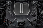 Eventuri black matte carbon engine cover installed on Audi C8 RS6 and RS7, showcasing sleek exterior engine bay detail.
