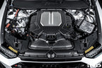 Eventuri black matte carbon engine cover installed on Audi C8 RS6 and RS7 exterior engine bay.