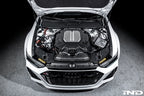 Eventuri black matte carbon engine cover installed on Audi C8 RS6 and RS7 exterior, showcasing sleek carbon fiber design.