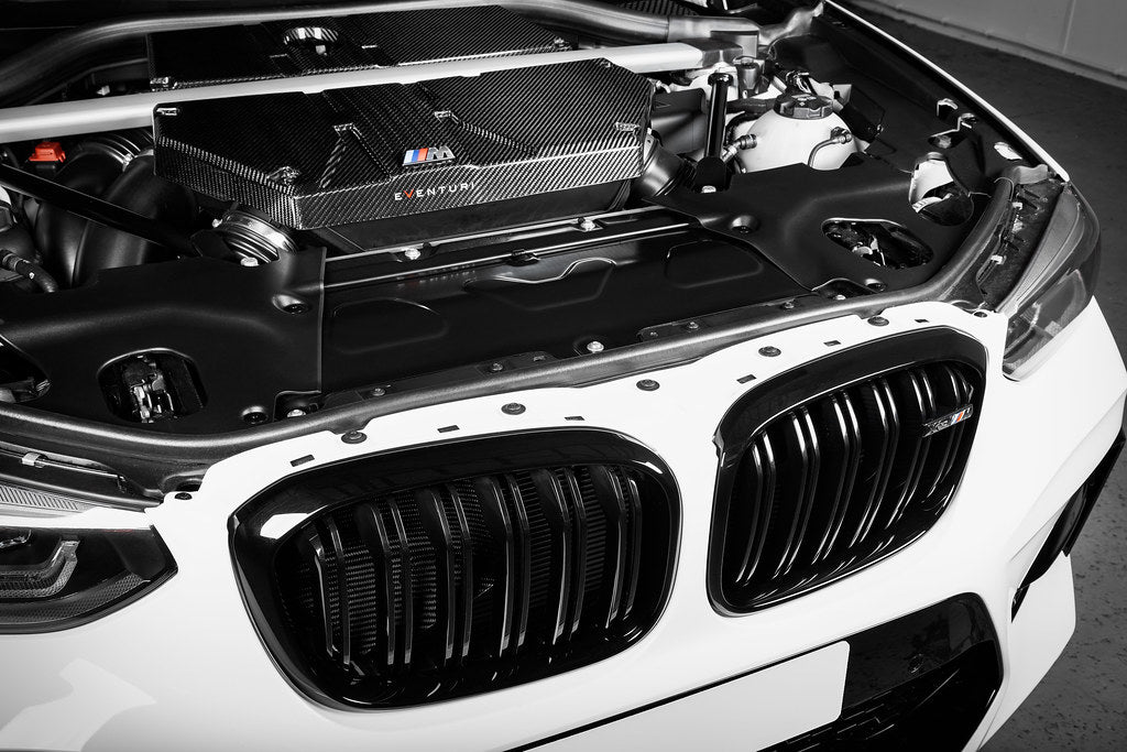 Eventuri carbon intake system installed BMW X3M X4M S58 engine bay