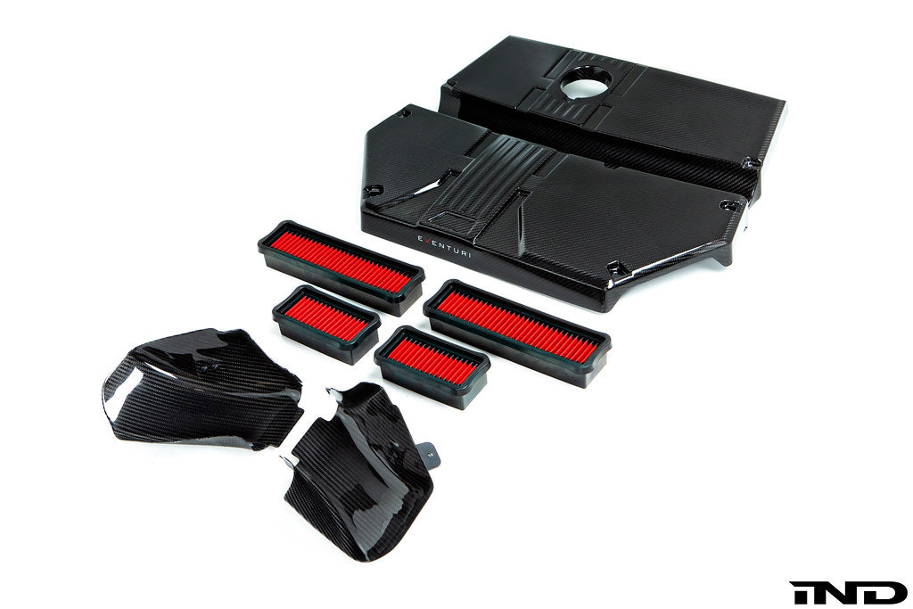 Eventuri BMW F97 X3M F98 X4M carbon intake system S58 prepreg fiber white background