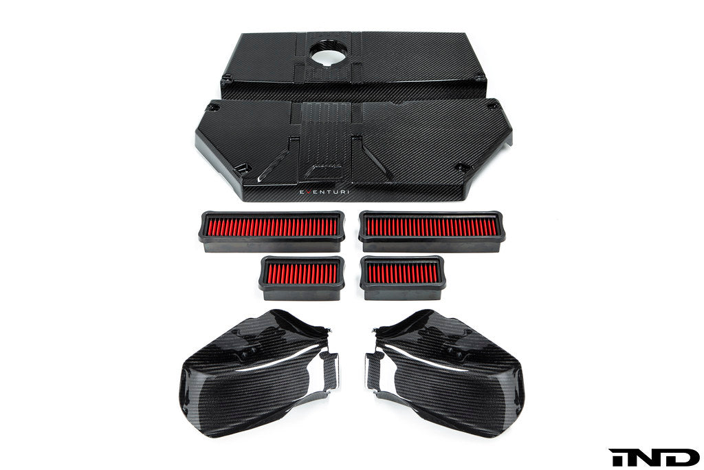 Eventuri BMW F97 X3M F98 X4M carbon intake system S58 prepreg fiber white background