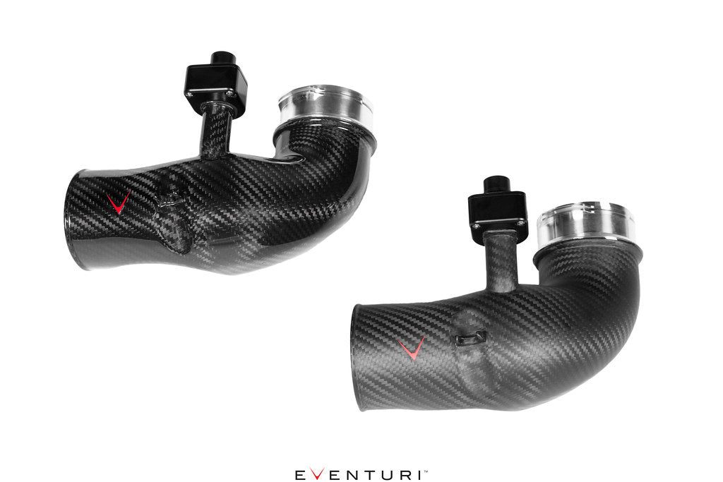 Eventuri BMW G90 G99 M5 S68 carbon turbo inlet set with gloss and matte finishes, performance automotive upgrade.