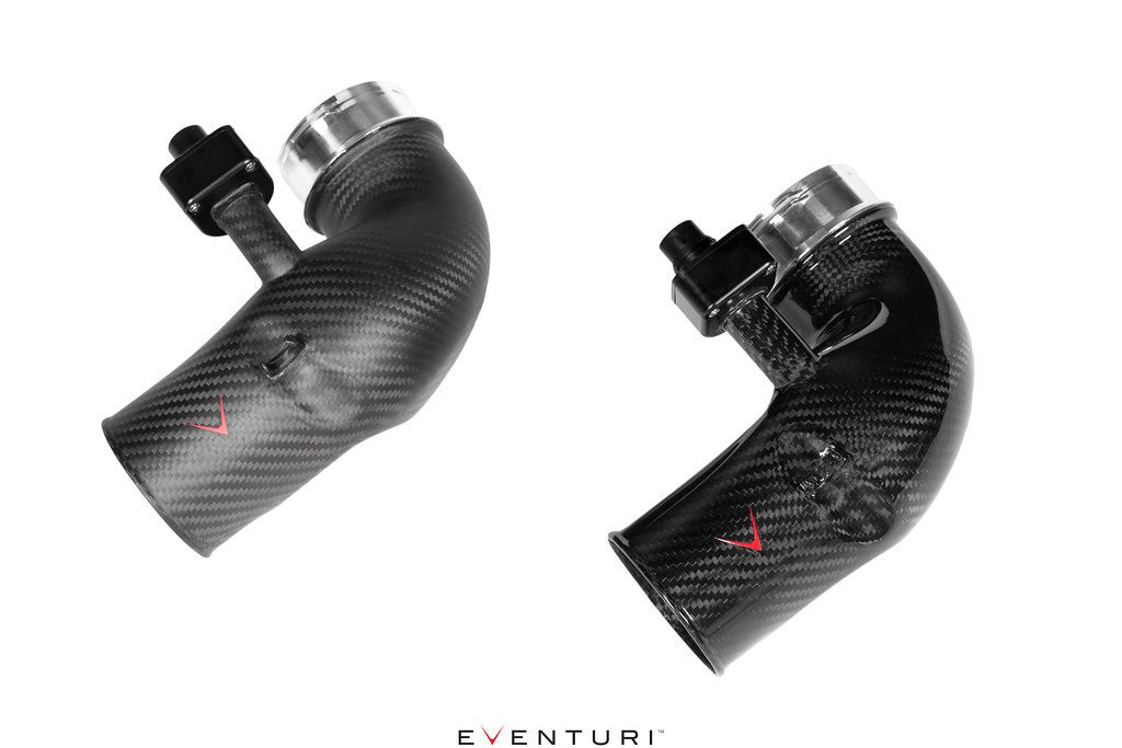 Comparison between gloss and matte carbon finishes for the G90 / G99 M5 Eventuri turbo inlets on a white background