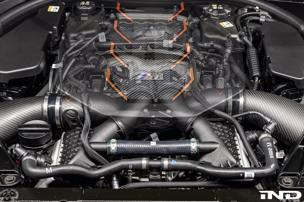 Eventuri BMW G90 G99 M5 S68 carbon turbo inlet set with matte finish and exposed cover installed on engine.