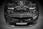 Eventuri BMW G90 G99 M5 S68 carbon turbo inlet set installed, showcasing matte black performance inlet components.