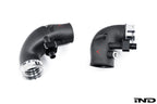 Eventuri carbon turbo inlet set for BMW G90 G99 M5 (S68) features matte finish and overhead view, designed for performance upgrade.