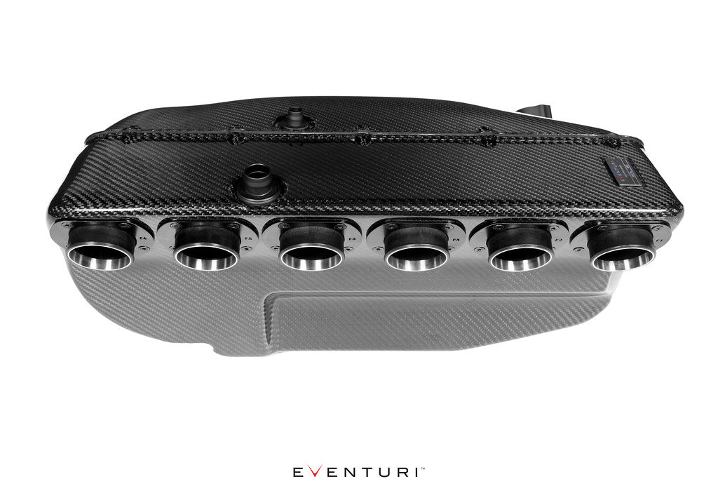 Eventuri Hybrid Carbon Airbox System for the BMW E36/7 Z3M shown on a white background, featuring a prepreg carbon fiber airbox, carbon intake components, and OEM MAF-compatible design for the S54 engine.