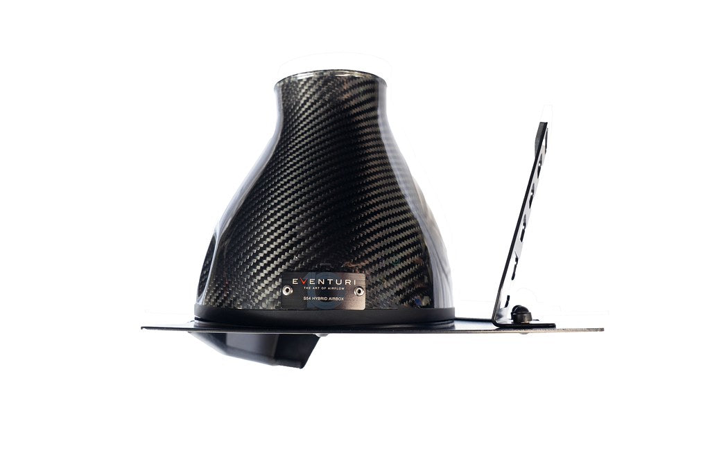 Eventuri Hybrid Carbon Airbox System for the BMW E36/7 Z3M shown on a white background, featuring a prepreg carbon fiber airbox, carbon intake components, and OEM MAF-compatible design for the S54 engine.