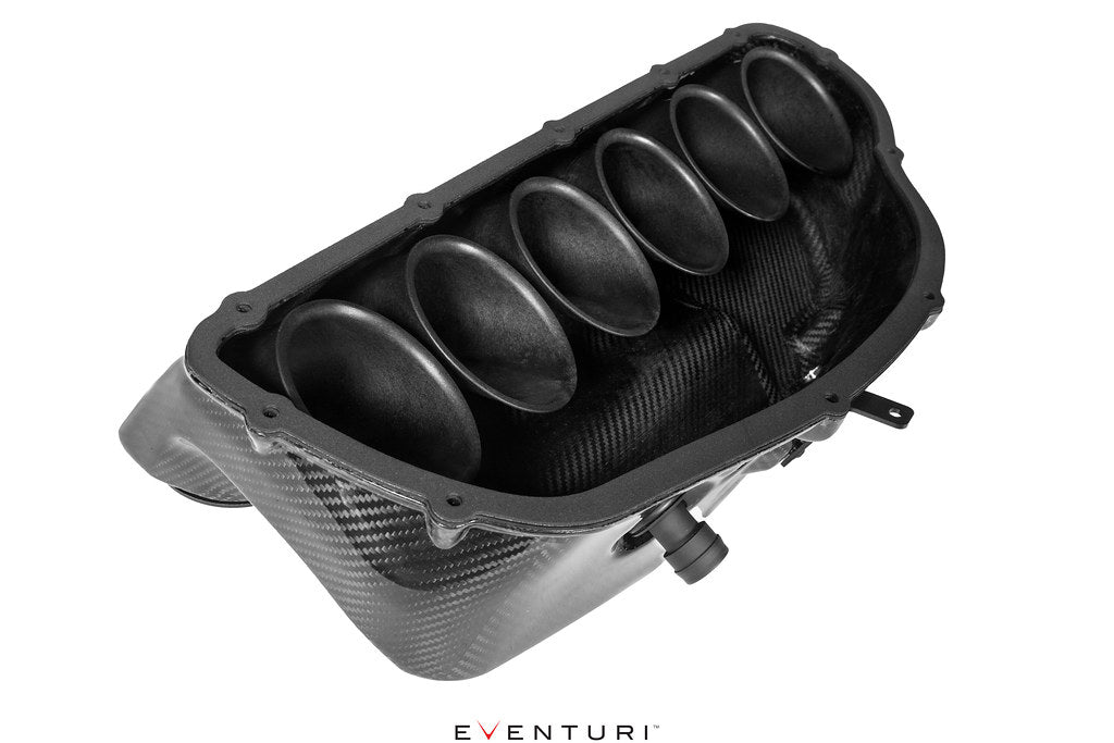 Eventuri Hybrid Carbon Airbox System for the BMW E36/7 Z3M shown on a white background, featuring a prepreg carbon fiber airbox, carbon intake components, and OEM MAF-compatible design for the S54 engine.