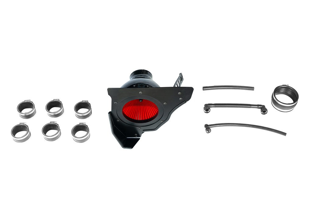 Eventuri Hybrid Carbon Airbox System for the BMW E36/7 Z3M shown on a white background, featuring a prepreg carbon fiber airbox, carbon intake components, and OEM MAF-compatible design for the S54 engine.