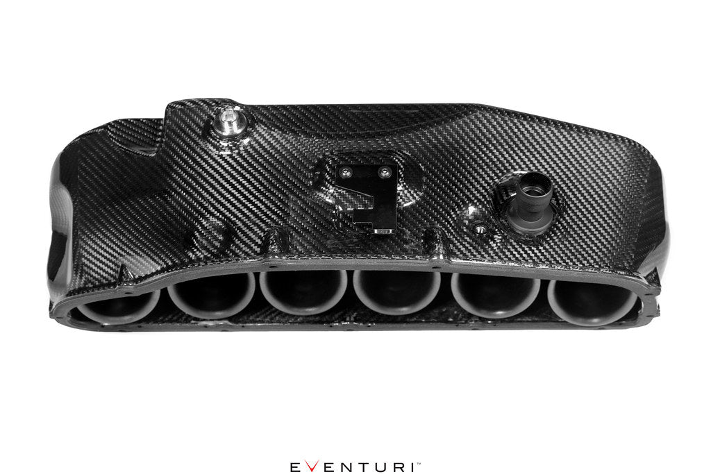 Eventuri Hybrid Carbon Airbox System for the BMW E36/7 Z3M shown on a white background, featuring a prepreg carbon fiber airbox, carbon intake components, and OEM MAF-compatible design for the S54 engine.