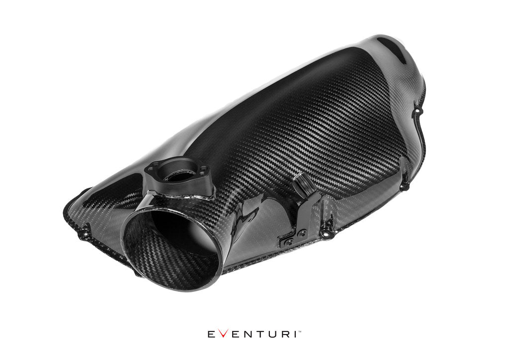 Eventuri Hybrid Carbon Airbox System for the BMW E36/7 Z3M shown on a white background, featuring a prepreg carbon fiber airbox, carbon intake components, and OEM MAF-compatible design for the S54 engine.
