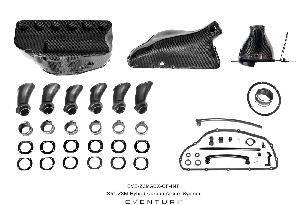 Eventuri Hybrid Carbon Airbox System for the BMW E36/7 Z3M shown on a white background, featuring a prepreg carbon fiber airbox, carbon intake components, and OEM MAF-compatible design for the S54 engine.