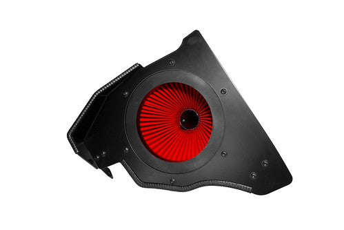 Eventuri Venturi Intake Housing for the E36/7 Z3M Hybrid Carbon Airbox System showing the carbon fiber filter housing with integrated high-flow air filter installed, engineered to promote smooth airflow and reduce pressure loss for the BMW Z3M S54 engine.