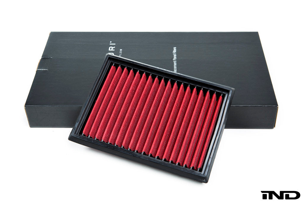 Straight ahead view of Eventuri's E46 M3 OE Replacement Panel Filter leaning against its box