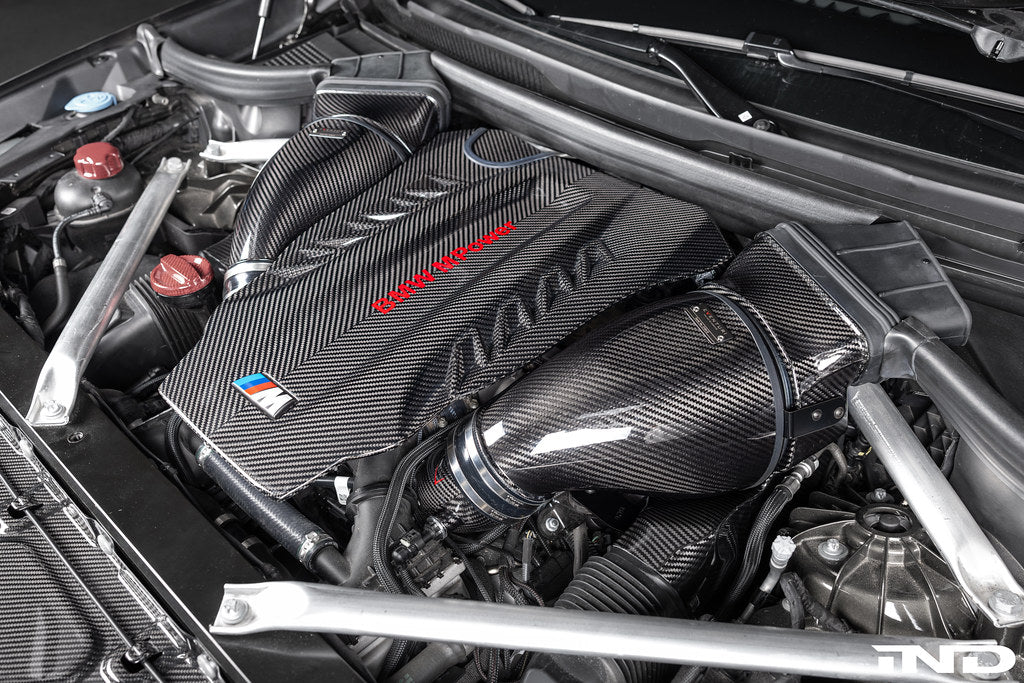Eventuri carbon turbo inlet set installed on BMW F9X X5M, X6M, G09 XM, M60i LCI performance engine upgrade