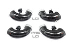 Eventuri carbon turbo inlet set for BMW F9X X5M, X6M, G09 XM, and M60i LCI models, shown in a detailed comparison image.