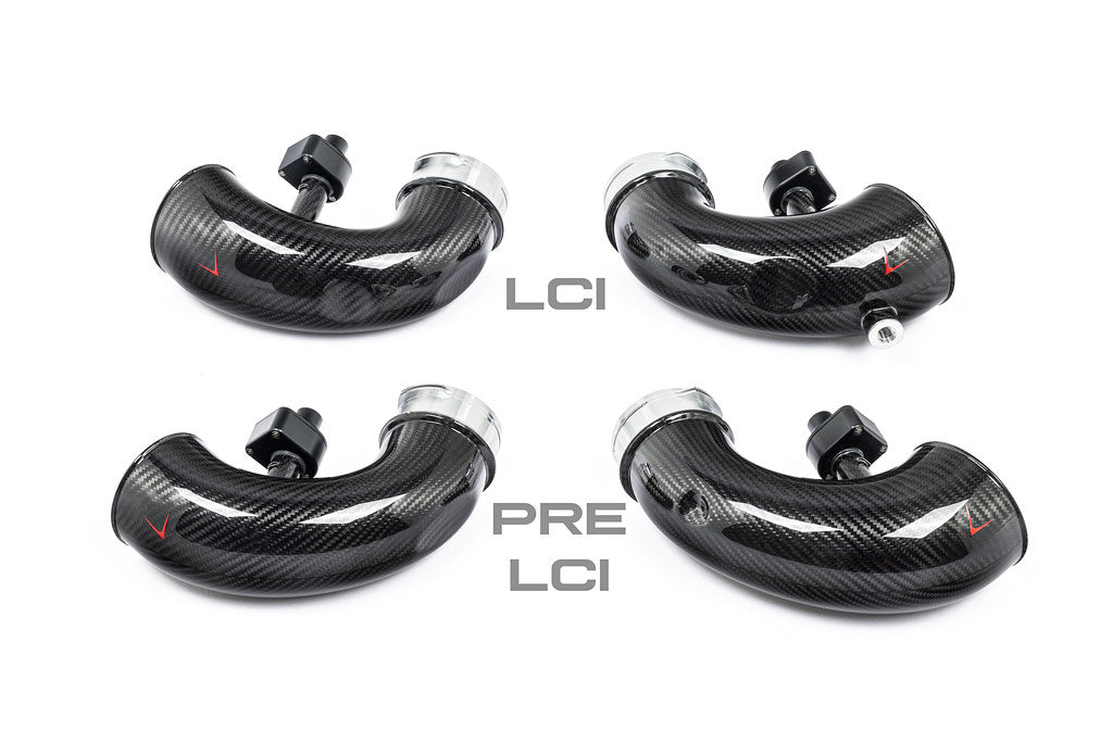 Eventuri carbon turbo inlet set for BMW F9X X5M, X6M, G09 XM, and M60i LCI models, shown in a detailed comparison image.