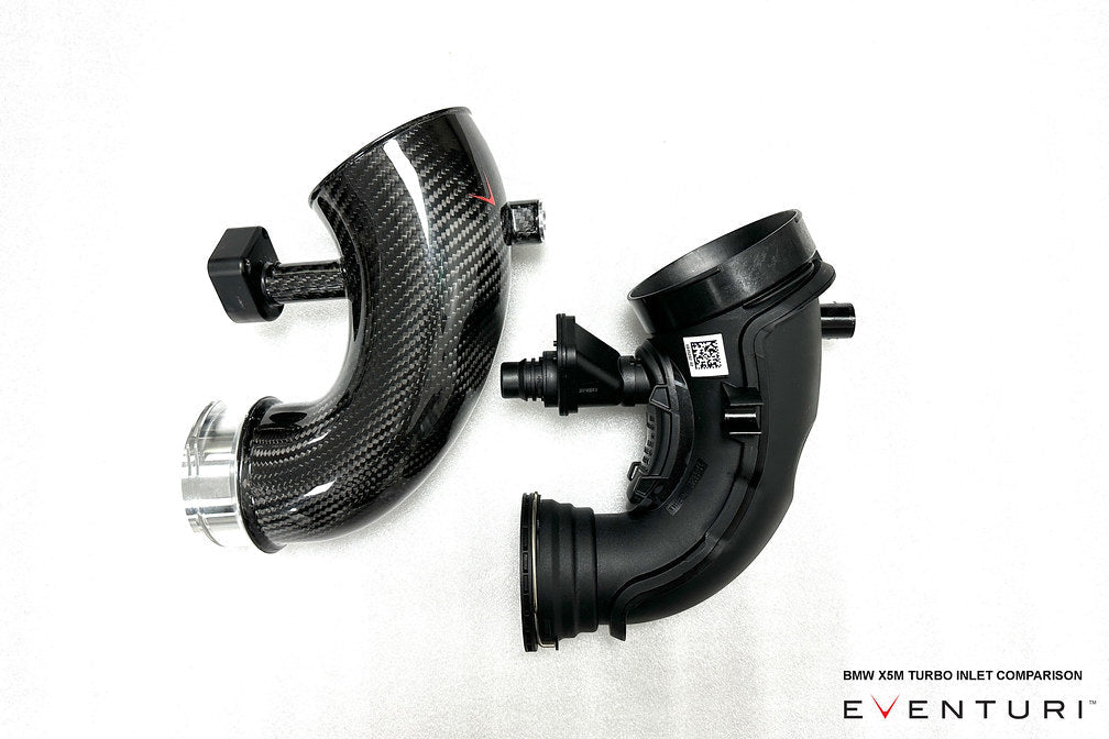 Eventuri F9X X5M X6M G09 XM M60i LCI carbon turbo inlet set with performance design, shown in comparison with OE inlet.