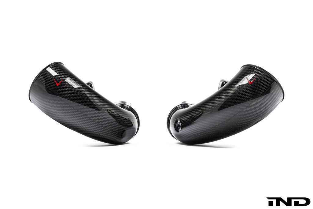 Eventuri carbon turbo inlet set for BMW F9X X5M, X6M, G09 XM, and M60i LCI, shown from overhead angle.