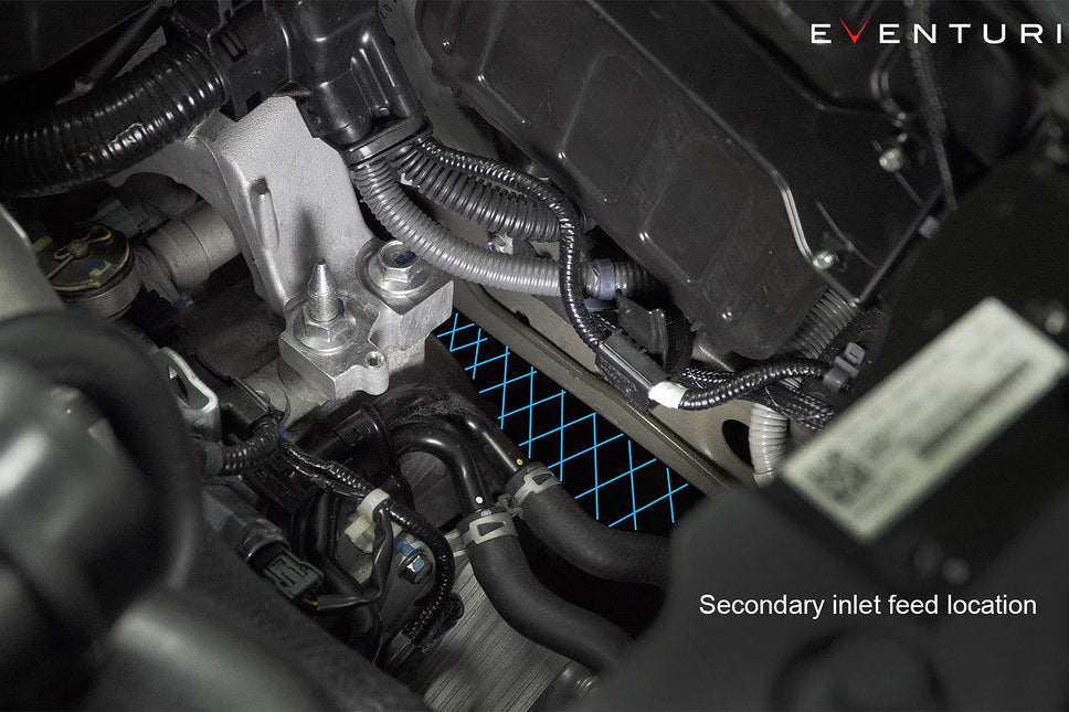 Eventuri FK8 Civic Type-R black carbon intake system with sleek air feed for enhanced performance and engine airflow.