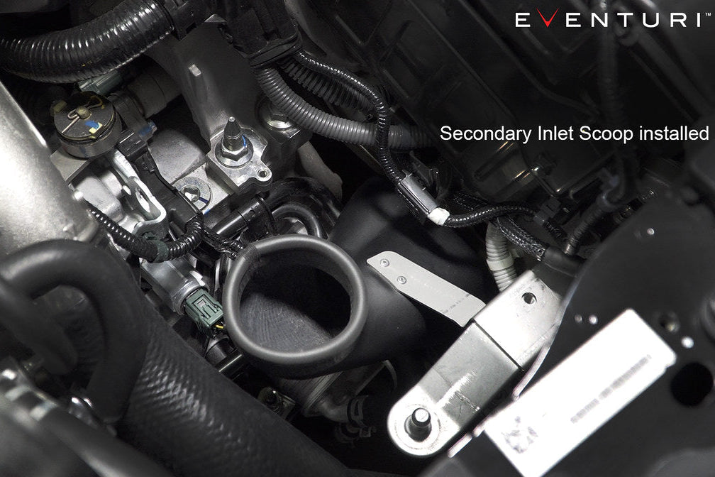 Eventuri FK8 Civic Type-R black carbon intake system with scoop, V2 performance upgrade, mounted on engine bay for improved airflow.