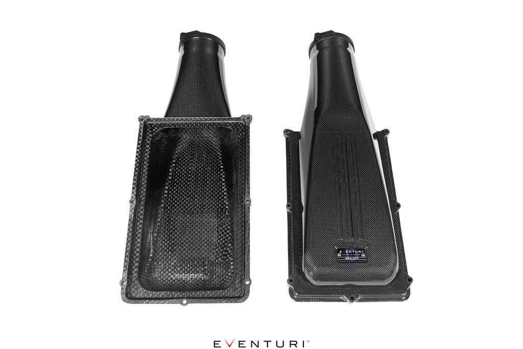 Eventuri Ferrari F12 Berlinetta carbon intake system with performance airbox lids and sleek carbon fiber design.