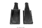 Eventuri Ferrari F12 Berlinetta carbon intake system with performance airbox lids and sleek carbon fiber design.