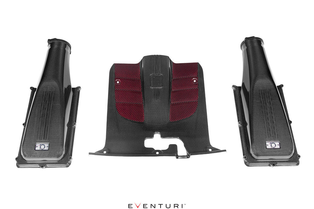 Eventuri Ferrari F12 Berlinetta carbon intake system showing sleek black carbon fiber components and performance air intake design.