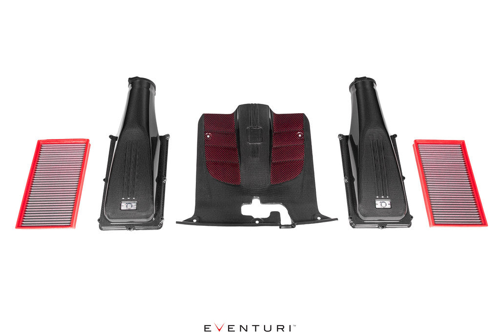 Front overhead view of Eventuri's Ferrari F12 carbon fiber intake system components on white background
