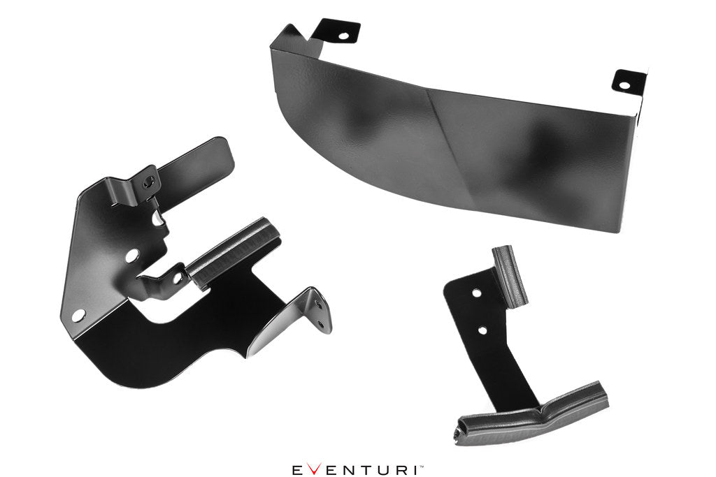 Set of black metal brackets and heatshield for the Eventuri A45 / CLA45 AMG Carbon Intake System on a white background.