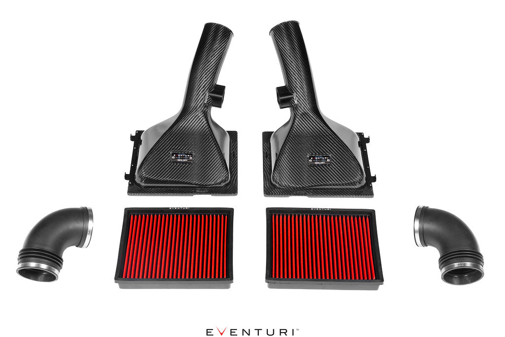 Pair of Eventuri's replacement panel filters for BMW E39 M5 and E52 Z8 shown with their carbon intake system