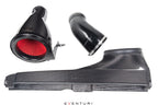 Eventuri black carbon fiber intake system for Volkswagen MK8 GTI displayed on a white background, featuring a sealed carbon airbox, carbon intake duct, and high-flow performance intake design.