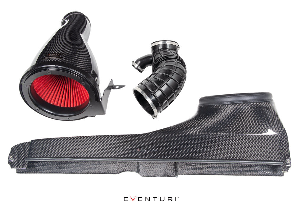 Eventuri black carbon fiber intake system for Volkswagen MK8 Golf R and Clubsport displayed on a white background, featuring a sealed carbon airbox and high-flow intake design.