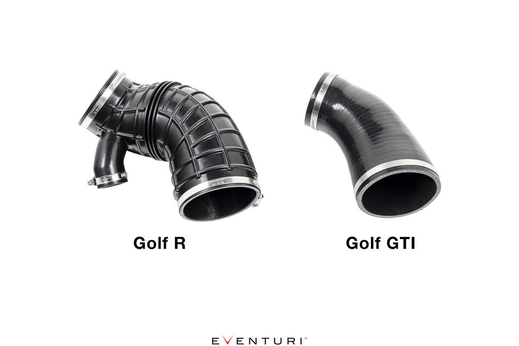 Comparison of Eventuri intake couplers for Volkswagen MK8 Golf R and Clubsport models versus MK8 GTI applications, shown on a white background and highlighting the differences between intake system coupler configurations.