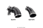 Comparison of Eventuri intake couplers for Volkswagen MK8 Golf R and Clubsport models versus MK8 GTI applications, shown on a white background and highlighting the differences between intake system coupler configurations.