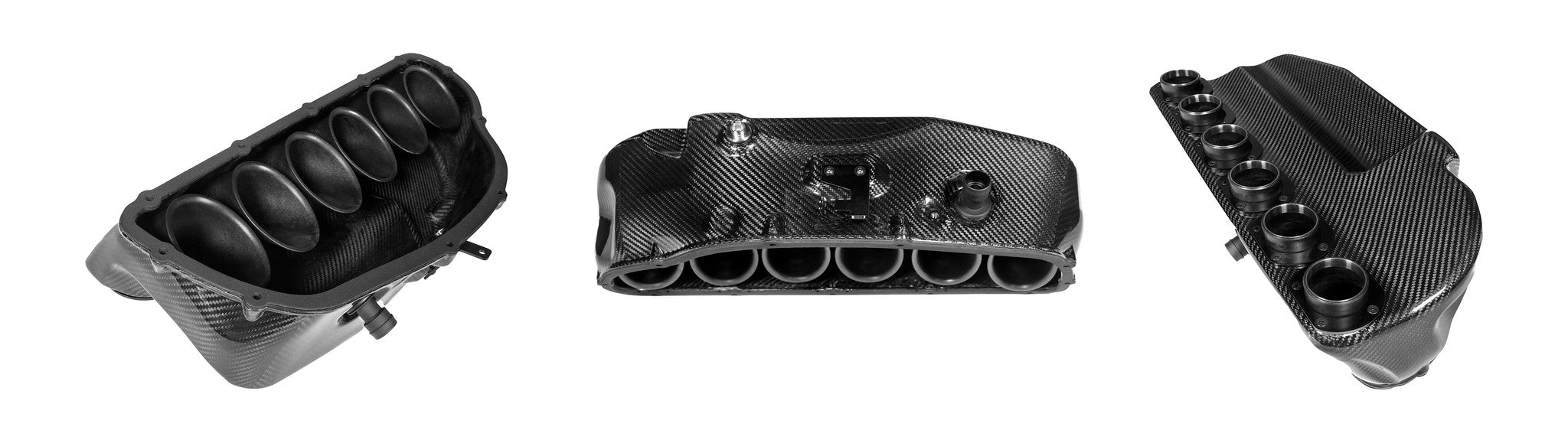Visual showcase of the Eventuri Z3M Hybrid Carbon Airbox main airbox assembly featuring three views of the prepreg carbon fiber airbox, including the internal six-trumpet design and reinforced mounting interfaces engineered for the BMW Z3M S54 engine.
