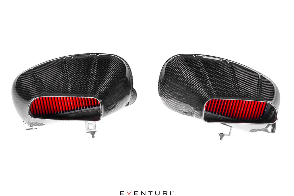 Angled view of 2 Eventuri Replacement Panel Filters installed in carbon intake housing for G63 AMG