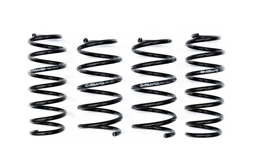 Evolve I01 i3 i3S Lowering Springs shown on a white background, engineered to lower the BMW i3, i3S, and Range Extender while maintaining ride comfort and everyday drivability.