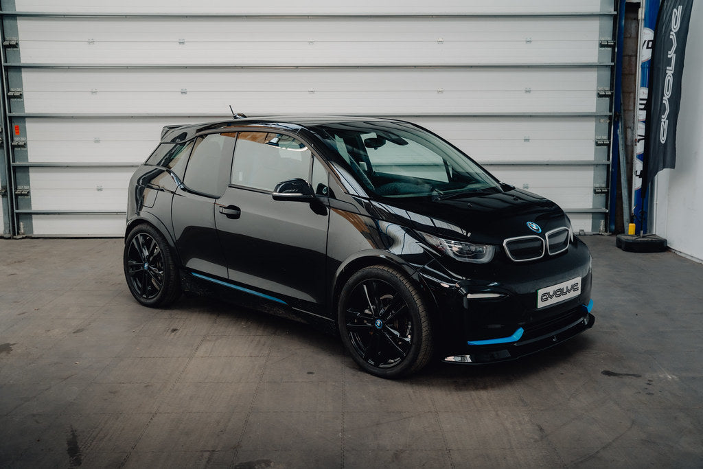 Evolve I01 i3 i3S Shock Absorber Set installed on a BMW i3S, enhancing chassis control, ride quality, and overall suspension performance while maintaining everyday drivability.