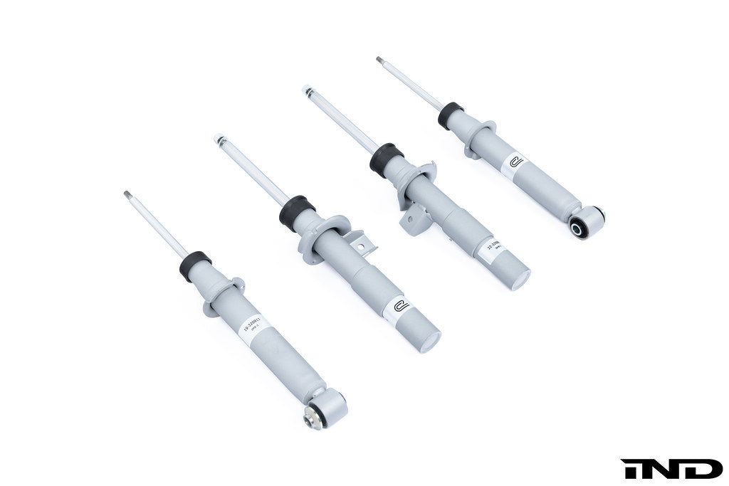 Evolve I01 i3 i3S Shock Absorber Set shown on a white background, developed with Bilstein UK to improve ride comfort, stability, and handling for the BMW i3, i3S, and Range Extender.