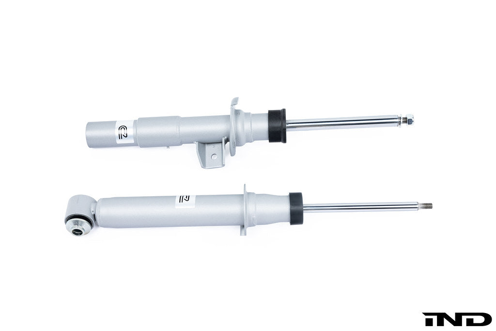 Evolve I01 i3 i3S Shock Absorber Set shown on a white background, developed with Bilstein UK to improve ride comfort, stability, and handling for the BMW i3, i3S, and Range Extender.