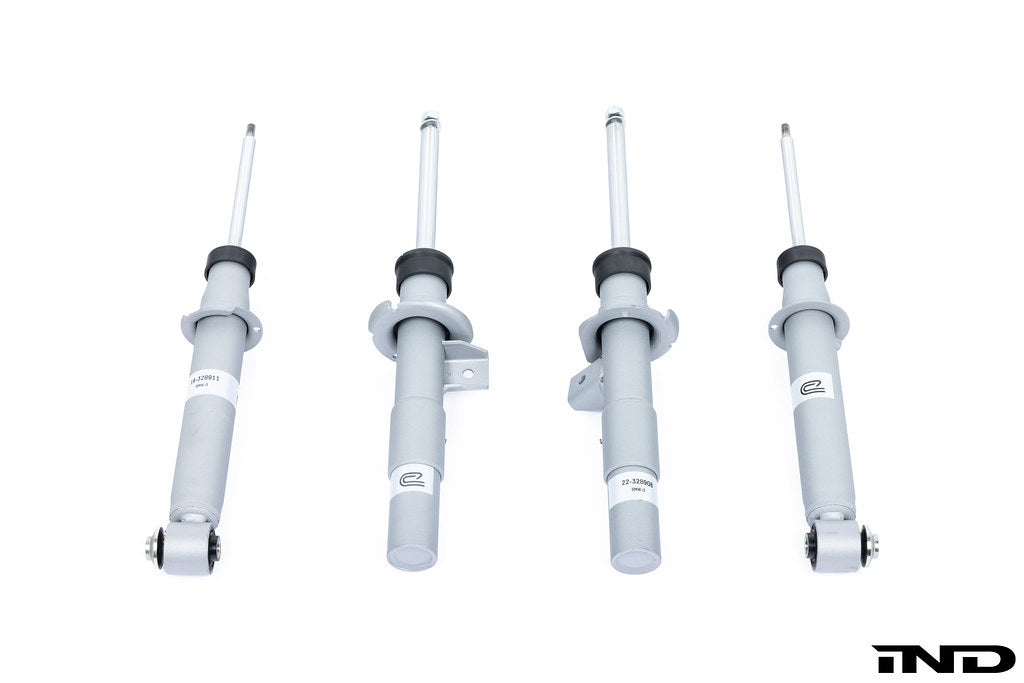 Evolve I01 i3 i3S Shock Absorber Set shown on a white background, developed with Bilstein UK to improve ride comfort, stability, and handling for the BMW i3, i3S, and Range Extender.