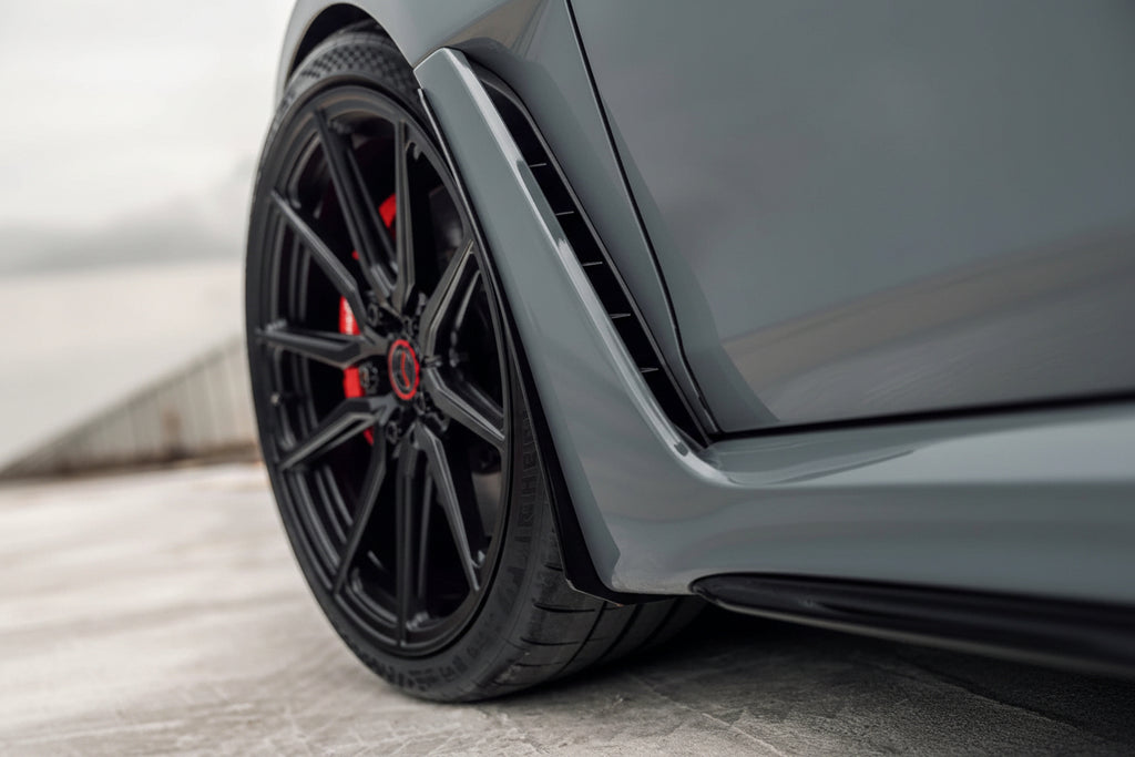 Megachip FL5 Civic Type-R exterior splash guard set installed on car, showing black plastic mudflaps on wheel arches.