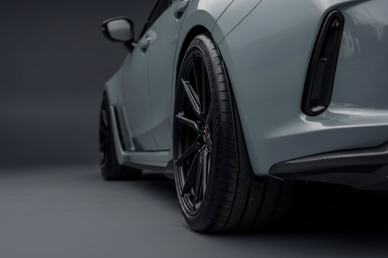 Megachip FL5 Civic Type-R splash guard set installed on the car's wheel arches, showcasing durable exterior protection.